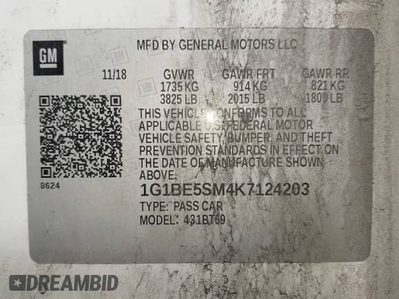2019 Chevrolet Cruze LT с VIN 1G1BE5SM4K7124203, выставлен на аукционе IAAI как лот 43053005 с пробегом 152 253 миль миль и . История ставок и продаж доступна на DreamBid. Изображение 9.