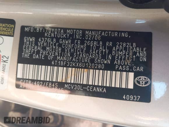 2006 Toyota Camry XLE with VIN 4T1BF32KX6U120280, listed as a IAAI auction lot 43355564 with 154,641 mi miles and . Bid and sale history available at DreamBid. Image 9.