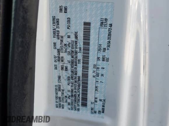 2007 Ford Econoline Cargo Commercial с VIN 1FTSE34LX7DB07866, выставлен на аукционе Copart как лот 86521535 с пробегом 129 530 миль миль и Чистый • Clean title. История ставок и продаж доступна на DreamBid. Изображение 13.