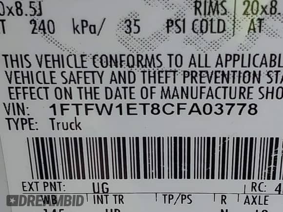 2012 Ford F-150 XL z VIN 1FTFW1ET8CFA03778, wystawiony jako IAAI lot #43205234 z przebiegiem 186 350 mil mil oraz . Historia ofert i sprzedaży dostępna na DreamBid. Obrazek 9.