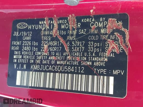 2013 Hyundai Tucson GLS z VIN KM8JUCAC6DU584112, wystawiony jako IAAI lot #43236532 z przebiegiem 106 442 mil mil oraz . Historia ofert i sprzedaży dostępna na DreamBid. Obrazek 9.