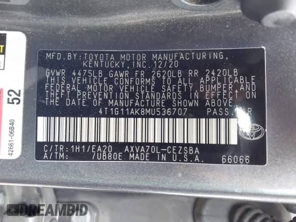 2021 Toyota Camry SE Nightshade z VIN 4T1G11AK8MU536707, wystawiony jako IAAI lot #43329430 z przebiegiem 61 408 mil mil oraz . Historia ofert i sprzedaży dostępna na DreamBid. Obrazek 9.