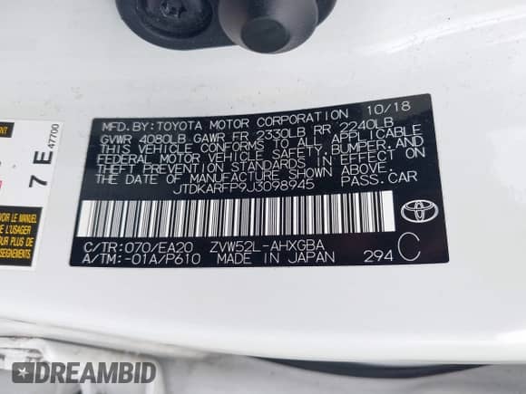 2018 Toyota Prius Plus z VIN JTDKARFP9J3098945, wystawiony jako IAAI lot #42471552 z przebiegiem 164 405 mil mil oraz . Historia ofert i sprzedaży dostępna na DreamBid. Obrazek 9.