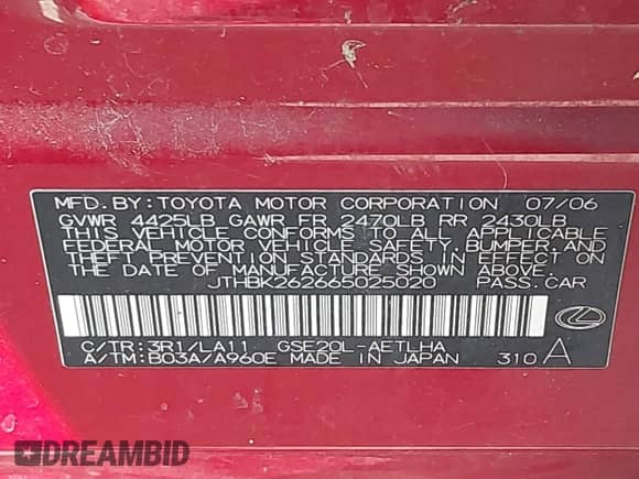 2006 Lexus IS 250 with VIN JTHBK262665025020, listed as a IAAI auction lot 42896541 with 205,260 mi miles and . Bid and sale history available at DreamBid. Image 9.