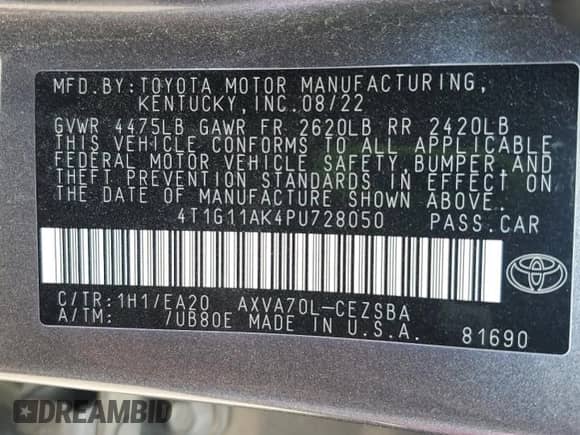 2023 Toyota Camry SE с VIN 4T1G11AK4PU728050, выставлен на аукционе Copart как лот 69747755 с пробегом 63 148 миль миль и Чистый • Clean title. История ставок и продаж доступна на DreamBid. Изображение 13.