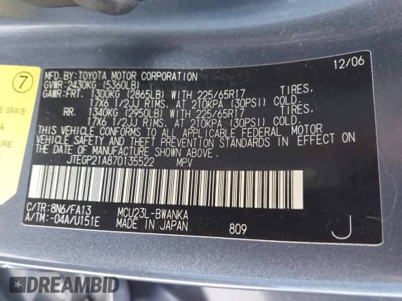 2007 Toyota Highlander с VIN JTEGP21A870135522, выставлен на аукционе IAAI как лот 42371111 с пробегом 202 071 миль миль и . История ставок и продаж доступна на DreamBid. Изображение 9.