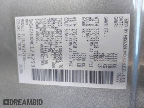 2022 Nissan Murano S with VIN 5N1AZ2AJ0NC128253, listed as a IAAI auction lot 41802874 with 39,114 mi miles and . Bid and sale history available at DreamBid. Image 9.