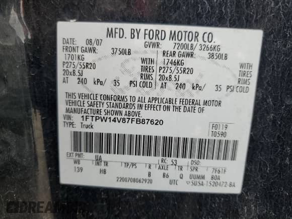 2007 Ford F-150 XLT с VIN 1FTPW14V87FB87620, выставлен на аукционе Copart как лот 51281844 с пробегом Не указан миль и Списание • Salvage title. История ставок и продаж доступна на DreamBid. Изображение 13.