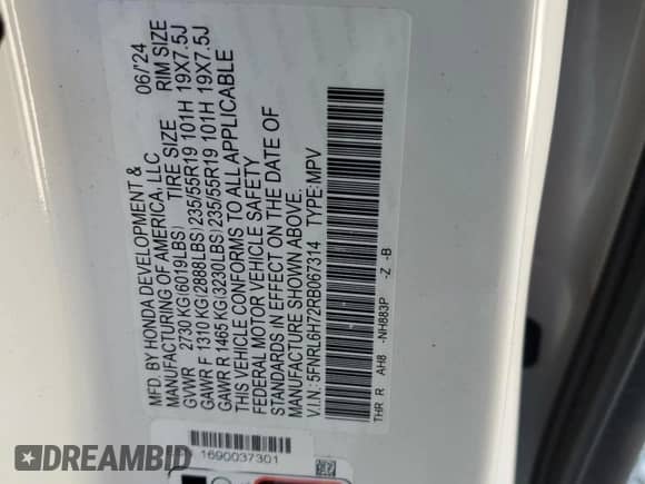 2024 Honda Odyssey Sport z VIN 5FNRL6H72RB067314, wystawiony jako Copart lot #50687805 z przebiegiem 20 805 mil mil oraz Szkoda całkowita • Salvage title. Historia ofert i sprzedaży dostępna na DreamBid. Obrazek 16.