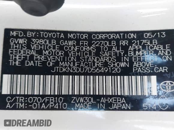 2013 Toyota Prius Three с VIN JTDKN3DU7D5649120, выставлен на аукционе IAAI как лот 43412786 с пробегом 119 037 миль миль и . История ставок и продаж доступна на DreamBid. Изображение 9.