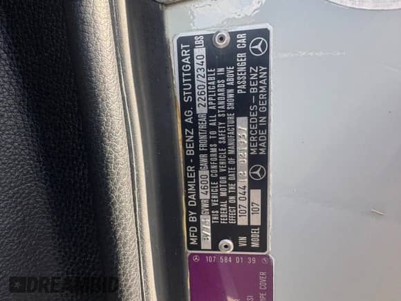 1975 Mercedes-Benz SL с VIN 10704412021937, выставлен на аукционе Copart как лот 90900115 с пробегом 96 728 миль миль и Чистый • Clean title. История ставок и продаж доступна на DreamBid. Изображение 10.