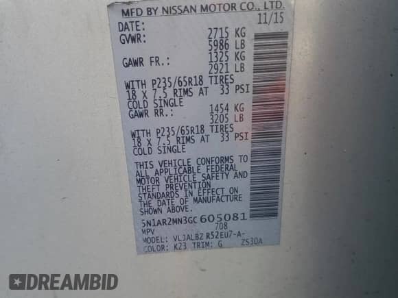 2016 Nissan Pathfinder S z VIN 5N1AR2MN3GC605081, wystawiony jako Copart lot #87269585 z przebiegiem 150 321 mil mil oraz Szkoda całkowita • Salvage title. Historia ofert i sprzedaży dostępna na DreamBid. Obrazek 13.