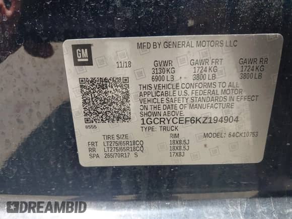 2019 Chevrolet Silverado 1500 Custom Trail Boss with VIN 1GCRYCEF6KZ194904, listed as a IAAI auction lot 42399117 with 51,391 mi miles and . Bid and sale history available at DreamBid. Image 9.