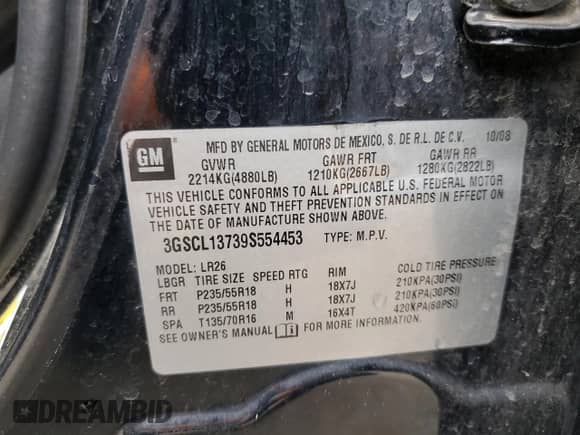 2009 Saturn VUE Red Line with VIN 3GSCL13739S554453, listed as a Copart auction lot 76919894 with Not provided miles and Salvage title. Bid and sale history available at DreamBid. Image 13.