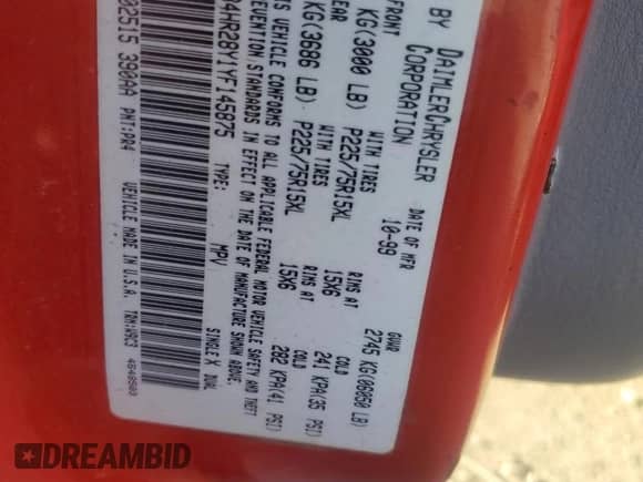 2000 Dodge Durango z VIN 1B4HR28Y1YF145875, wystawiony jako Copart lot #87317464 z przebiegiem Nie podano mil oraz Czysty tytuł • Clean title. Historia ofert i sprzedaży dostępna na DreamBid. Obrazek 13.