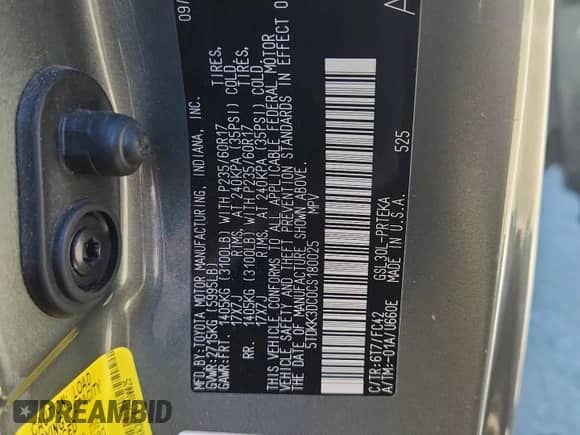 2012 Toyota Sienna LE AAS with VIN 5TDKK3DC0CS180025, listed as a Copart auction lot 72029525 with 110,199 mi miles and Salvage title. Bid and sale history available at DreamBid. Image 12.