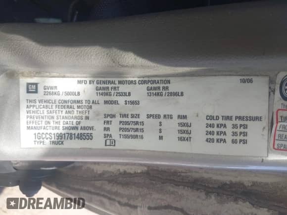 2007 Chevrolet Colorado 1LT with VIN 1GCCS199178148555, listed as a IAAI auction lot 43249308 with 142,732 mi miles and . Bid and sale history available at DreamBid. Image 9.