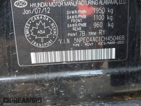 2012 Hyundai Sonata SE с VIN 5NPEC4AC1CH450468, выставлен на аукционе Copart как лот 84261365 с пробегом 292 443 миль миль и Списание • Salvage title. История ставок и продаж доступна на DreamBid. Изображение 12.