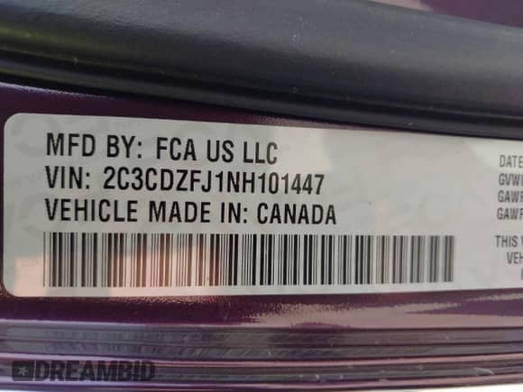 2022 Dodge Challenger R/T Scat Pack z VIN 2C3CDZFJ1NH101447, wystawiony jako IAAI lot #41775354 z przebiegiem Nie podano mil oraz . Historia ofert i sprzedaży dostępna na DreamBid. Obrazek 9.