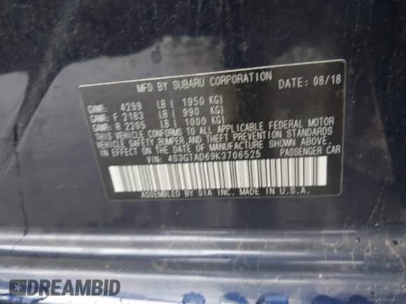 2019 Subaru Impreza Premium with VIN 4S3GTAD69K3706525, listed as a IAAI auction lot 42817665 with 96,172 mi miles and . Bid and sale history available at DreamBid. Image 9.