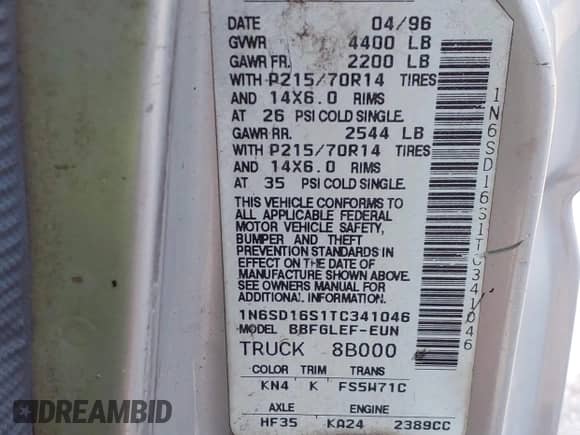 1996 Nissan Frontier XE with VIN 1N6SD16S1TC341046, listed as a IAAI auction lot 41915295 with 159,999 mi miles and . Bid and sale history available at DreamBid. Image 9.