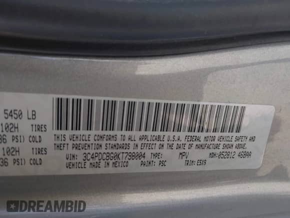 2019 Dodge Journey SE with VIN 3C4PDCBG0KT798004, listed as a IAAI auction lot 43012657 with 74,633 mi miles and . Bid and sale history available at DreamBid. Image 9.