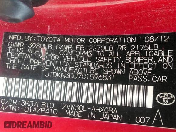 2012 Toyota Prius One with VIN JTDKN3DU7C1596831, listed as a IAAI auction lot 43135457 with 257,291 mi miles and . Bid and sale history available at DreamBid. Image 9.