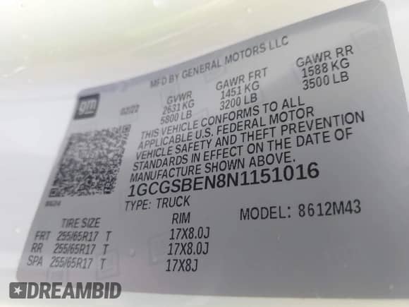 2022 Chevrolet Colorado 2WD Work Truck with VIN 1GCGSBEN8N1151016, listed as a IAAI auction lot 42709357 with 39,999 mi miles and . Bid and sale history available at DreamBid. Image 9.