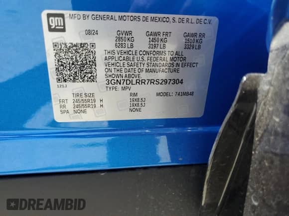 2024 Chevrolet Equinox EV LT с VIN 3GN7DLRR7RS297304, выставлен на аукционе Copart как лот 54952135 с пробегом 2 581 миль миль и Списание • Salvage title. История ставок и продаж доступна на DreamBid. Изображение 14.