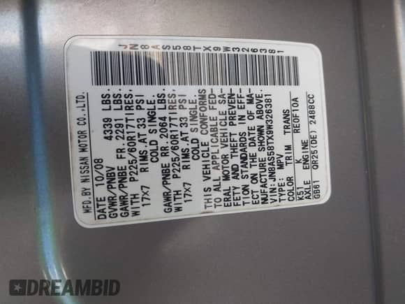 2009 Nissan Rogue SL with VIN JN8AS58TX9W326381, listed as a IAAI auction lot 43420491 with 171,774 mi miles and . Bid and sale history available at DreamBid. Image 9.