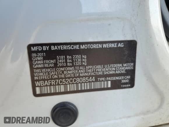 2012 BMW 5 Series 535i with VIN WBAFR7C52CC808544, listed as a Copart auction lot 82619155 with 129,285 mi miles and Salvage title. Bid and sale history available at DreamBid. Image 12.