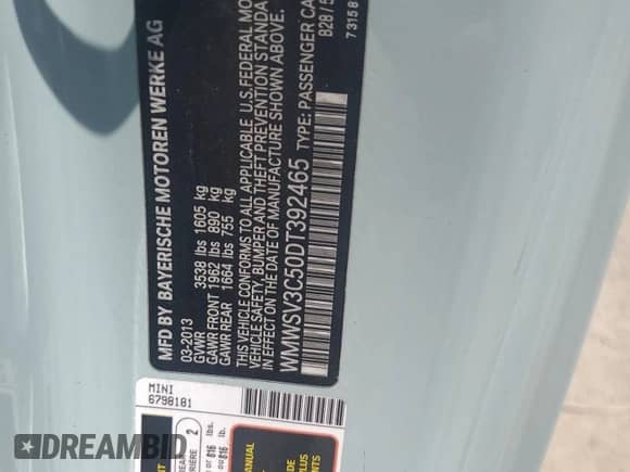 2013 MINI Hardtop S with VIN WMWSV3C50DT392465, listed as a Copart auction lot 58340735 with 40,731 mi miles and Salvage title. Bid and sale history available at DreamBid. Image 13.