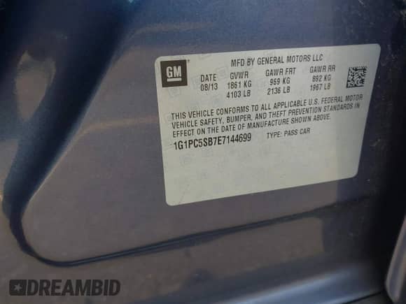 2014 Chevrolet Cruze 1LT z VIN 1G1PC5SB7E7144699, wystawiony jako IAAI lot #43241551 z przebiegiem 156 411 mil mil oraz . Historia ofert i sprzedaży dostępna na DreamBid. Obrazek 9.