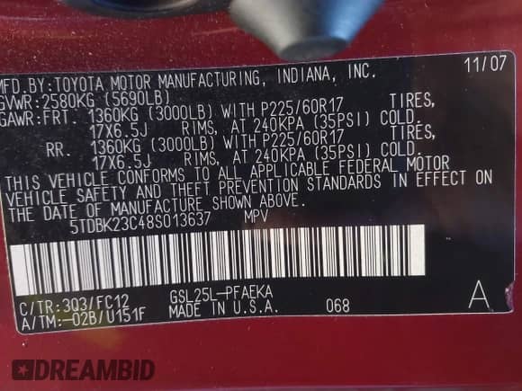2008 Toyota Sienna LE with VIN 5TDBK23C48S013637, listed as a IAAI auction lot 43148389 with 207,661 mi miles and . Bid and sale history available at DreamBid. Image 9.