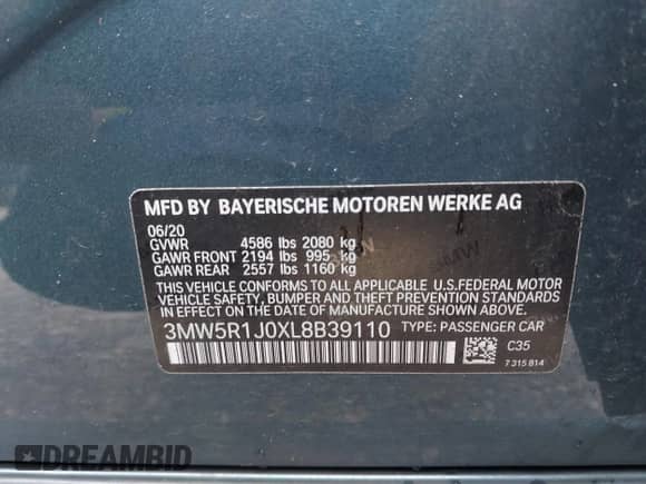 2020 BMW 3 Series 330i with VIN 3MW5R1J0XL8B39110, listed as a IAAI auction lot 43425538 with Not provided miles and . Bid and sale history available at DreamBid. Image 9.