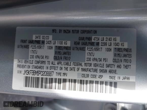 2023 Mazda CX-5 S Select with VIN JM3KFBBM6P0208887, listed as a IAAI auction lot 43113803 with 26,288 mi miles and . Bid and sale history available at DreamBid. Image 9.