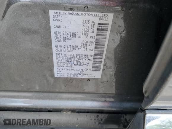 2021 Nissan Murano SV with VIN 5N1AZ2BJ8MC129373, listed as a Copart auction lot 85895665 with 104,295 mi miles and Salvage title. Bid and sale history available at DreamBid. Image 13.