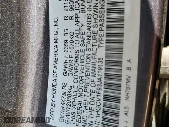 2018 Honda Accord Touring with VIN 1HGCV1F93JA119135, listed as a Copart auction lot 68592245 with 103,541 mi miles and Salvage title. Bid and sale history available at DreamBid. Image 12.