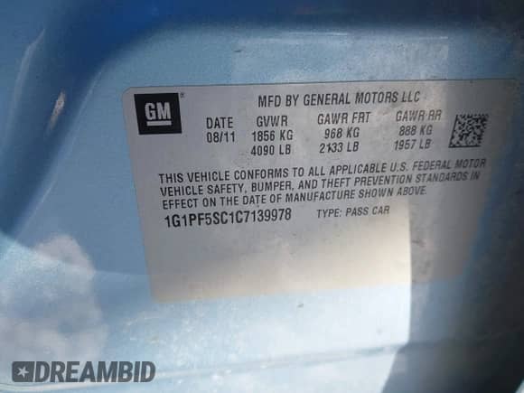 2012 Chevrolet Cruze 1LT with VIN 1G1PF5SC1C7139978, listed as a IAAI auction lot 41272784 with 147,537 mi miles and . Bid and sale history available at DreamBid. Image 9.