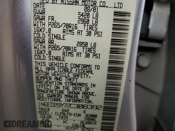 2002 Nissan Frontier XE with VIN 1N6ED29Y72C308392, listed as a Copart auction lot 50306985 with 210,235 mi miles and Salvage title. Bid and sale history available at DreamBid. Image 12.
