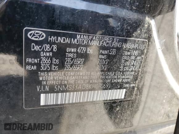 2019 Hyundai Santa Fe SEL with VIN 5NMS33AD8KH070691, listed as a Copart auction lot 70808805 with 162,327 mi miles and Salvage title. Bid and sale history available at DreamBid. Image 13.