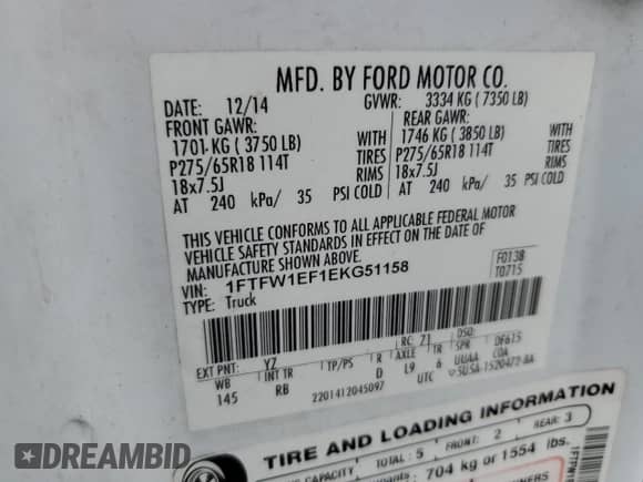 2014 Ford F-150 FX4 с VIN 1FTFW1EF1EKG51158, выставлен на аукционе Copart как лот 85532985 с пробегом 184 238 миль миль и Чистый • Clean title. История ставок и продаж доступна на DreamBid. Изображение 12.