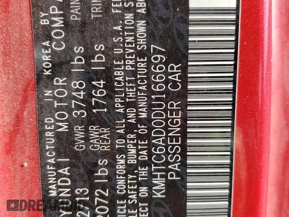 2013 Hyundai Veloster w/Black Int с VIN KMHTC6AD0DU166697, выставлен на аукционе Copart как лот 71646805 с пробегом 158 640 миль миль и Списание • Salvage title. История ставок и продаж доступна на DreamBid. Изображение 13.