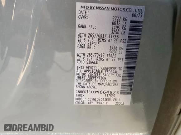 2023 Nissan Frontier SV with VIN 1N6ED1EKXPN664875, listed as a Copart auction lot 67924835 with 37,160 mi miles and Salvage title. Bid and sale history available at DreamBid. Image 12.