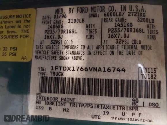 1997 Ford F-150 z VIN 1FTDX1766VNA16744, wystawiony jako IAAI lot #42578246 z przebiegiem 129 699 mil mil oraz . Historia ofert i sprzedaży dostępna na DreamBid. Obrazek 9.