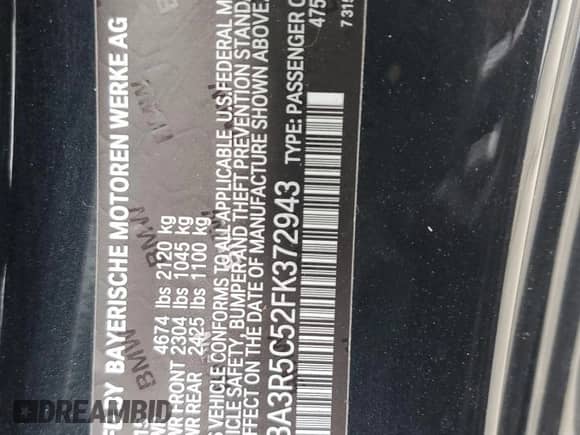 2015 BMW 4 Series 435i xDrive with VIN WBA3R5C52FK372943, listed as a Copart auction lot 82050035 with 61,192 mi miles and Salvage title. Bid and sale history available at DreamBid. Image 12.