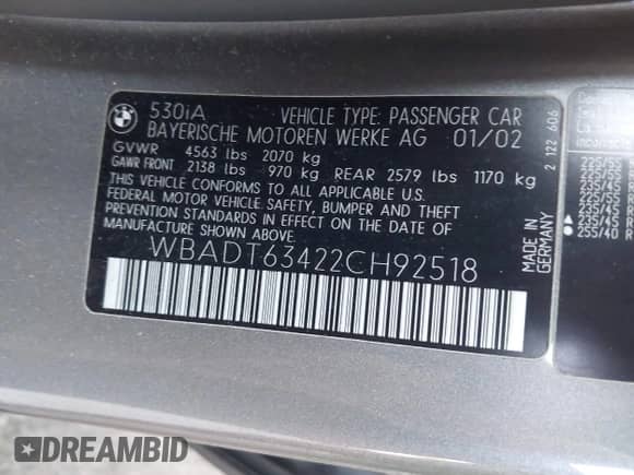 2002 BMW 5 Series 530i с VIN WBADT63422CH92518, выставлен на аукционе IAAI как лот 42413772 с пробегом 126 259 миль миль и . История ставок и продаж доступна на DreamBid. Изображение 9.