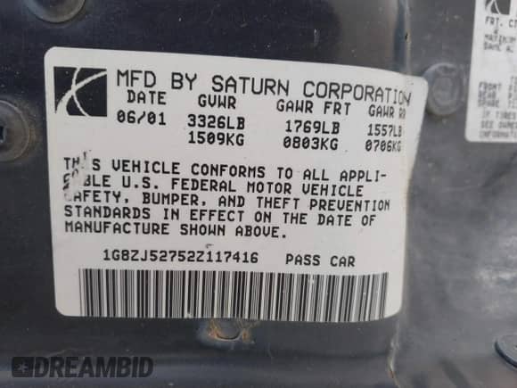 2002 Saturn SL with VIN 1G8ZJ52752Z117416, listed as a IAAI auction lot 41486679 with 318,311 mi miles and . Bid and sale history available at DreamBid. Image 9.