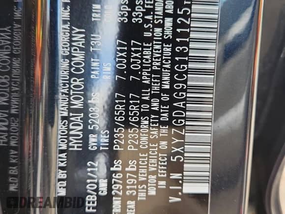 2012 Hyundai Santa Fe GLS с VIN 5XYZGDAG9CG131125, выставлен на аукционе Copart как лот 65238145 с пробегом 85 103 миль миль и На запчасти • Non repairable. История ставок и продаж доступна на DreamBid. Изображение 14.