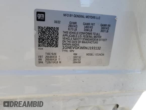 2022 Chevrolet Traverse LT Cloth z VIN 1GNEVGKW0NJ193132, wystawiony jako Copart lot #89992305 z przebiegiem 71 184 mil mil oraz Szkoda całkowita • Salvage title. Historia ofert i sprzedaży dostępna na DreamBid. Obrazek 12.